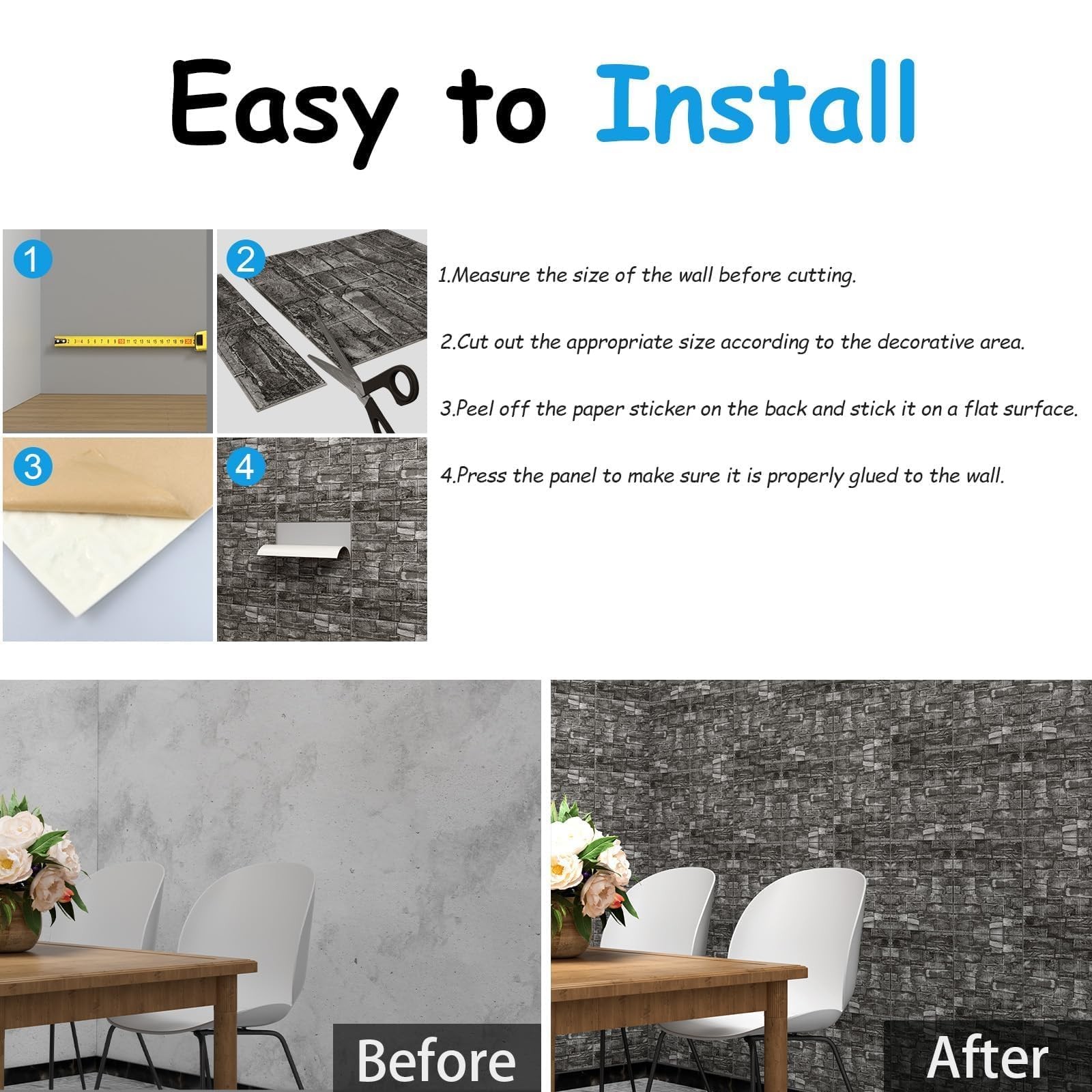 Greymond 3D Wall Panels Black Grey Stone, 20 PCS XPE Foam Peel and Stick