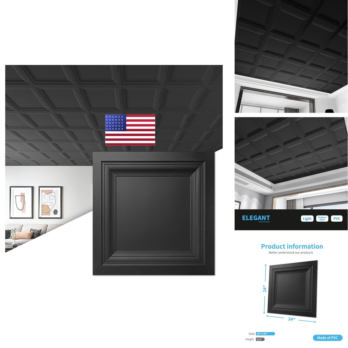 Art3D 12-Pack Square Black Drop Ceiling Tile 2Ft X 2Ft Pvc Ceiling Panel 24 X
