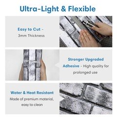 COMSTICKC 3D Faux Brick Wall Panels 10-Pack, 12″x12″ Peel & Stick Gray PVC Tile