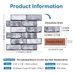 COMSTICKC 3D Faux Brick Wall Panels 10-Pack, 12″x12″ Peel & Stick Gray PVC Tile