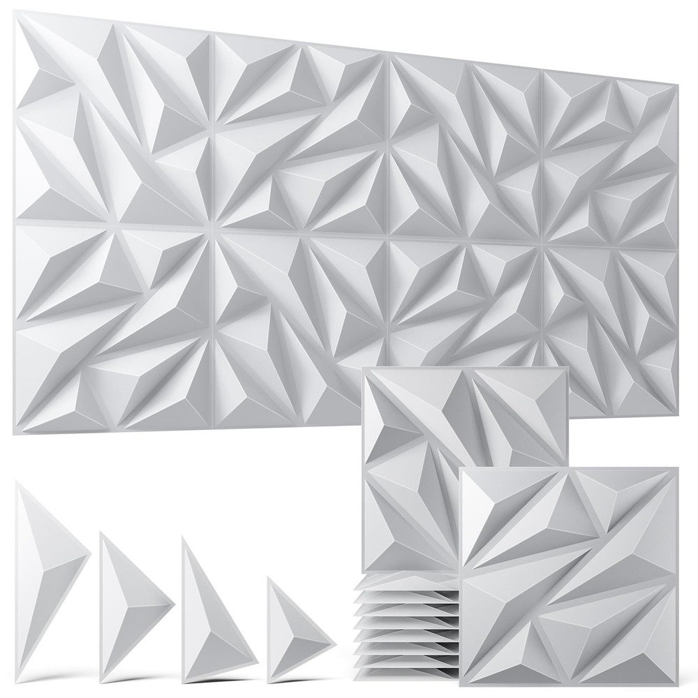 Zelmine 3D Wall Panels White 64 Pack Covers 62 Sq.Ft 12 X 12 Diamond Texture
