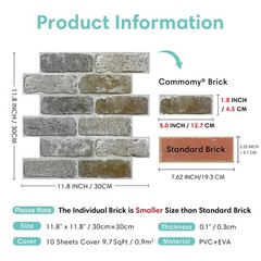 Commomy 10 Pcs 3D Faux Brick Peel and Stick – 11.8″x11.8″ Thin PVC Wall Panel